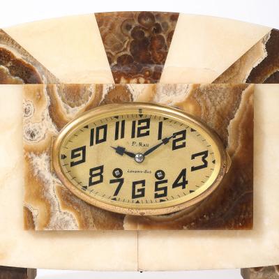 Art Deco Mantlepiece Clock in Tessellated Ice Sugar Cream Onyx w Gilt Bronze