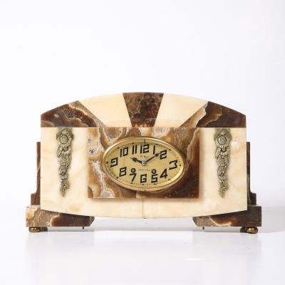 Art Deco Mantlepiece Clock in Tessellated Ice Sugar Cream Onyx w Gilt Bronze