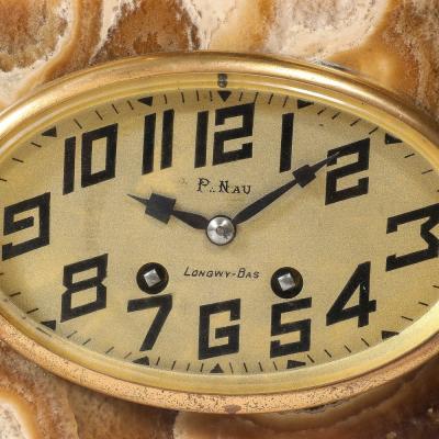 Art Deco Mantlepiece Clock in Tessellated Ice Sugar Cream Onyx w Gilt Bronze