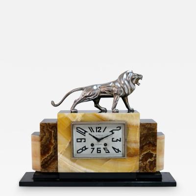 Art Deco Marble Mantel Clock with Chromed Bronze Lion and Movement by Le Roux