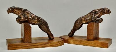 Art Deco Metal Spotted Leopard Bookends on Wood Base