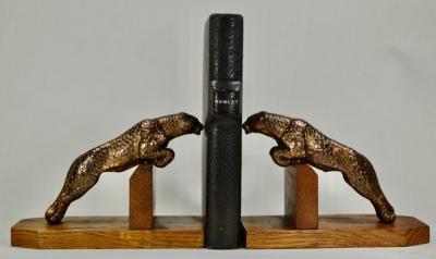 Art Deco Metal Spotted Leopard Bookends on Wood Base