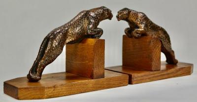 Art Deco Metal Spotted Leopard Bookends on Wood Base