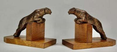 Art Deco Metal Spotted Leopard Bookends on Wood Base