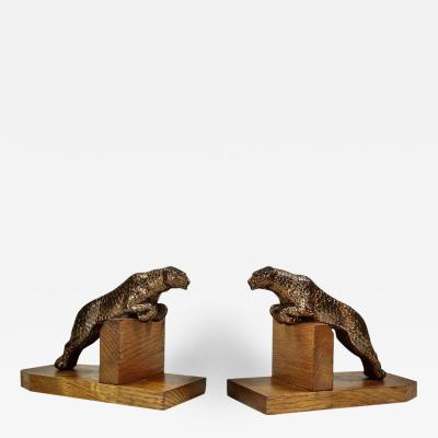 Art Deco Metal Spotted Leopard Bookends on Wood Base