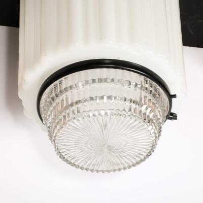 Art Deco Milk Glass Pressed Glass Flush Mount Chandelier w Bronze Fittings