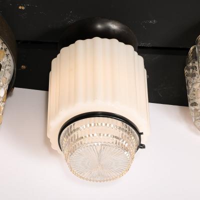 Art Deco Milk Glass Pressed Glass Flush Mount Chandelier w Bronze Fittings