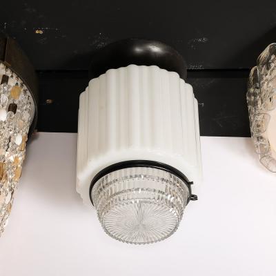 Art Deco Milk Glass Pressed Glass Flush Mount Chandelier w Bronze Fittings