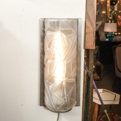 Art Deco Molded Frosted Glass w Abstract Cubist Geometric Motif Sconces