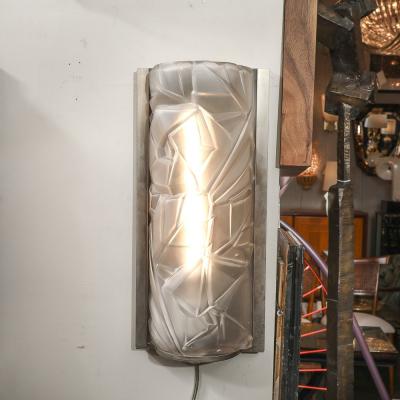 Art Deco Molded Frosted Glass w Abstract Cubist Geometric Motif Sconces