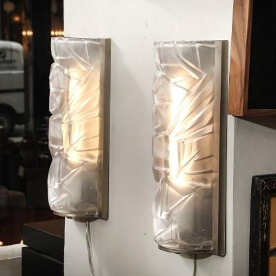 Art Deco Molded Frosted Glass w Abstract Cubist Geometric Motif Sconces