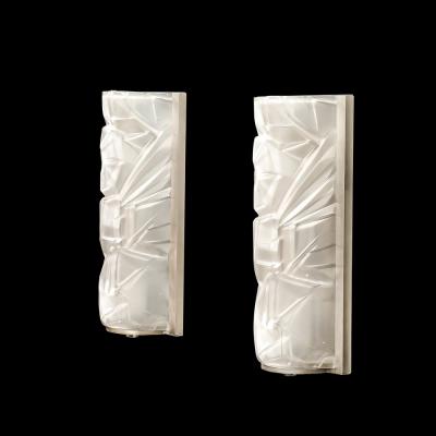Art Deco Molded Frosted Glass w Abstract Cubist Geometric Motif Sconces
