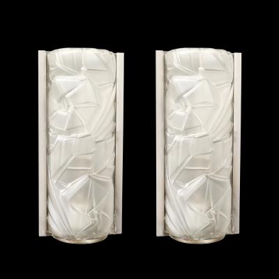Art Deco Molded Frosted Glass w Abstract Cubist Geometric Motif Sconces