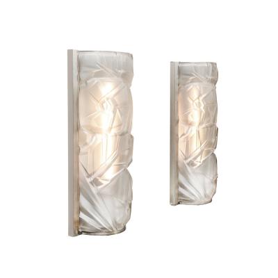 Art Deco Molded Frosted Glass w Abstract Cubist Geometric Motif Sconces