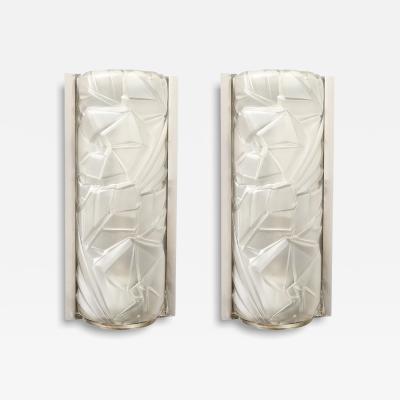 Art Deco Molded Frosted Glass w Abstract Cubist Geometric Motif Sconces