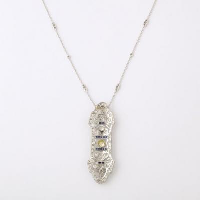 Art Deco Necklace in White Gold Yellow Diamond Diamonds Sapphires