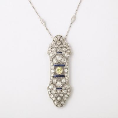 Art Deco Necklace in White Gold Yellow Diamond Diamonds Sapphires