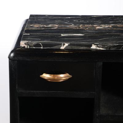 Art Deco Nightstands in Ebonized Walnut with Porto Marble Tops Bronze Pulls