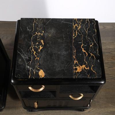 Art Deco Nightstands in Ebonized Walnut with Porto Marble Tops Bronze Pulls