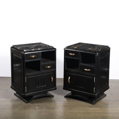 Art Deco Nightstands in Ebonized Walnut with Porto Marble Tops Bronze Pulls
