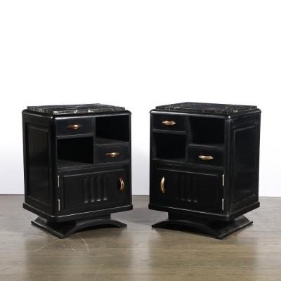 Art Deco Nightstands in Ebonized Walnut with Porto Marble Tops Bronze Pulls