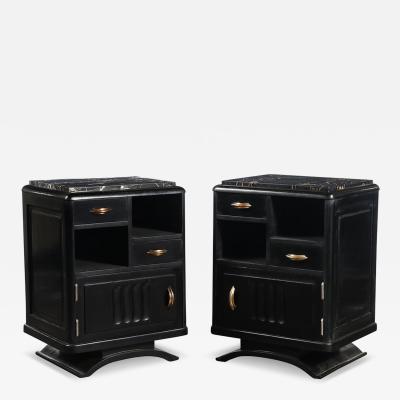 Art Deco Nightstands in Ebonized Walnut with Porto Marble Tops Bronze Pulls