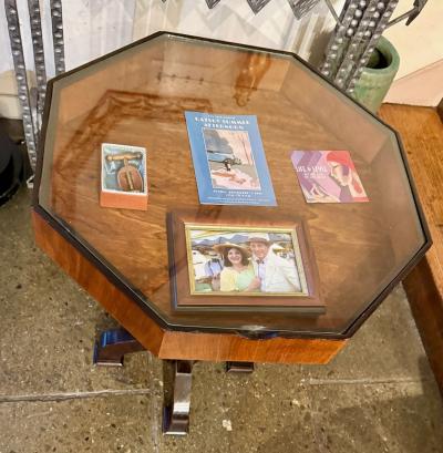Art Deco Octagonal Display Table with Glass Top and Sculptural Base