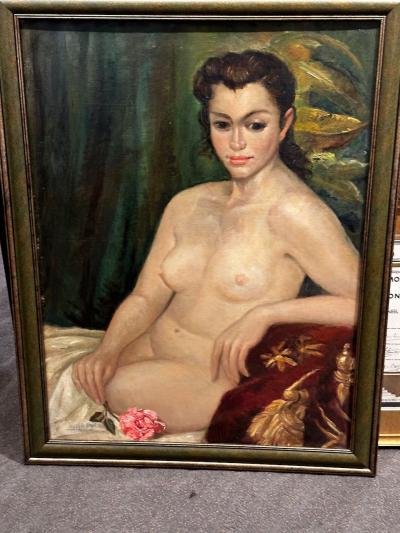 Art Deco Oil Paining Nude with Rose