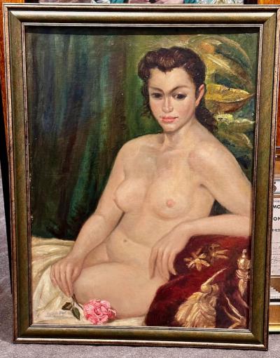 Art Deco Oil Paining Nude with Rose