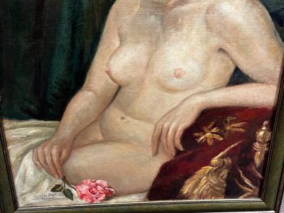 Art Deco Oil Paining Nude with Rose