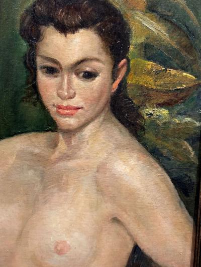 Art Deco Oil Paining Nude with Rose