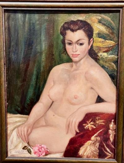 Art Deco Oil Paining Nude with Rose
