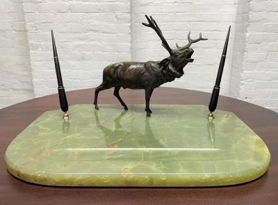 Art Deco Onyx Blotter with Bronze Elk Statue and Fountain Pens