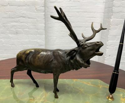 Art Deco Onyx Blotter with Bronze Elk Statue and Fountain Pens
