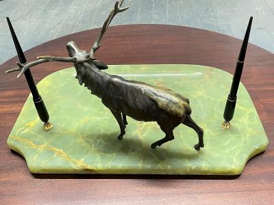 Art Deco Onyx Blotter with Bronze Elk Statue and Fountain Pens
