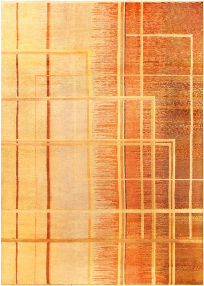 Art Deco Orange Beige and Brown Hand Knotted Wool Rug