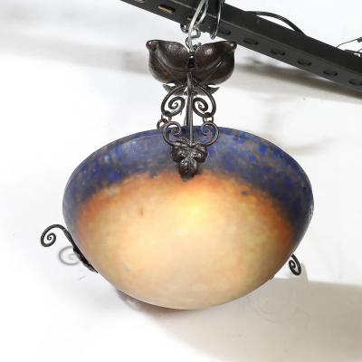 Art Deco P te de Verre Blue Smoked Honey Glass Chandelier w Leaf Form Fitting