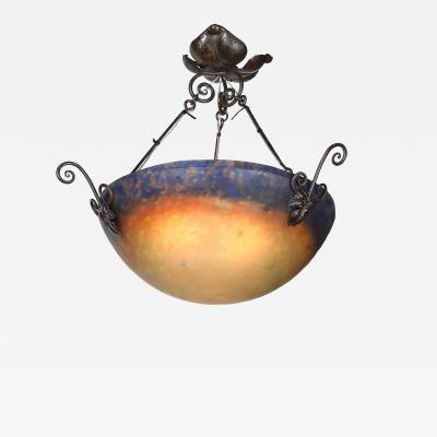 Art Deco P te de Verre Blue Smoked Honey Glass Chandelier w Leaf Form Fitting