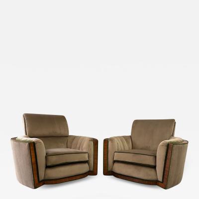 Art Deco Pair of Luxurious Tank Lounge Chairs In Mocha Velvet with Walnut Inlay