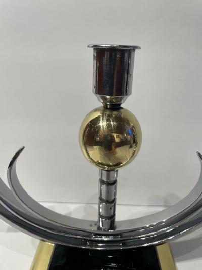 Art Deco Pair of Modernist Candlesticks Chrome Brass and Vitrolite