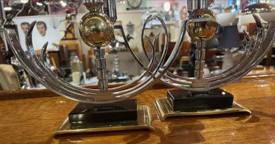 Art Deco Pair of Modernist Candlesticks Chrome Brass and Vitrolite