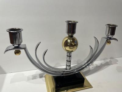 Art Deco Pair of Modernist Candlesticks Chrome Brass and Vitrolite