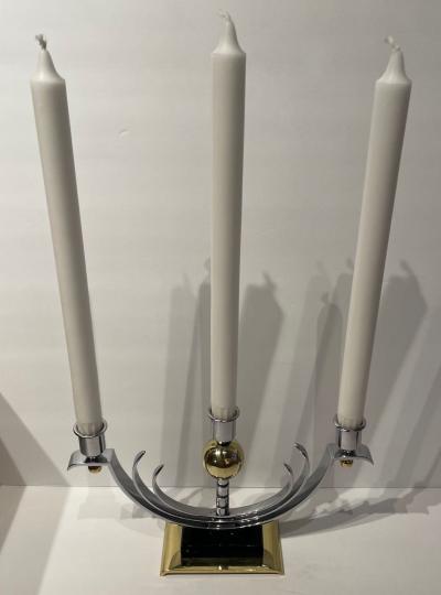 Art Deco Pair of Modernist Candlesticks Chrome Brass and Vitrolite
