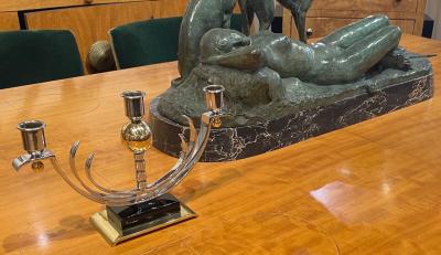 Art Deco Pair of Modernist Candlesticks Chrome Brass and Vitrolite