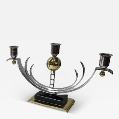 Art Deco Pair of Modernist Candlesticks Chrome Brass and Vitrolite