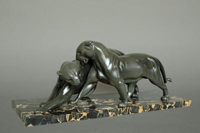 Art Deco Pair of Panthers Signed Plagnet Zinc Cast Marble France circa 1930