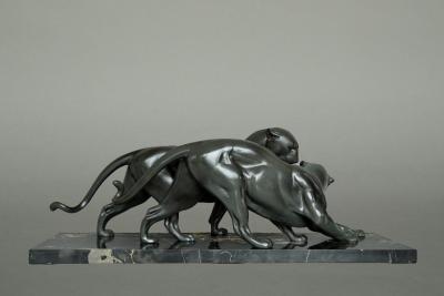 Art Deco Pair of Panthers Signed Plagnet Zinc Cast Marble France circa 1930