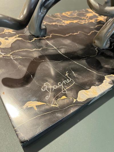 Art Deco Pair of Panthers Signed Plagnet Zinc Cast Marble France circa 1930