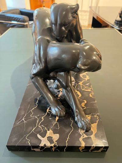 Art Deco Pair of Panthers Signed Plagnet Zinc Cast Marble France circa 1930