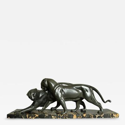 Art Deco Pair of Panthers Signed Plagnet Zinc Cast Marble France circa 1930